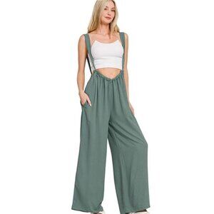 Zenana Woven Tie Back Suspender Jumpsuit